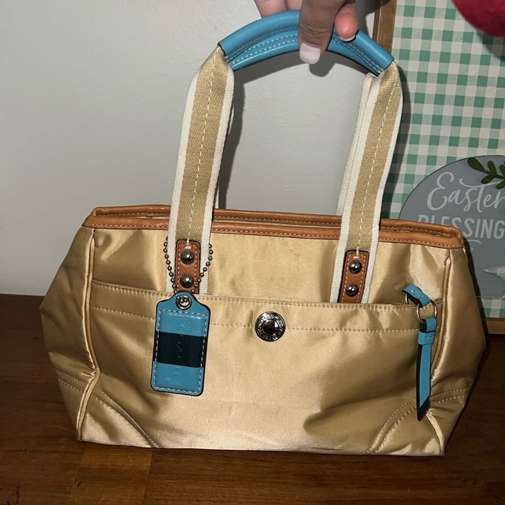 Coach Hampton Gold Blue Leather Small Tote Bag F11992